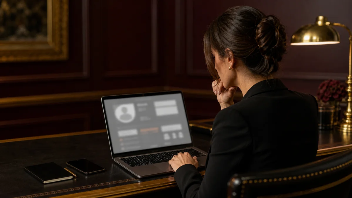 Adult woman reviewing profile details before starting a private conversation