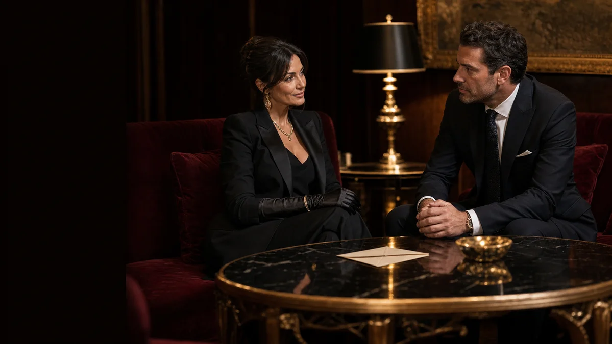 Two adults discussing roles and expectations in a private lounge