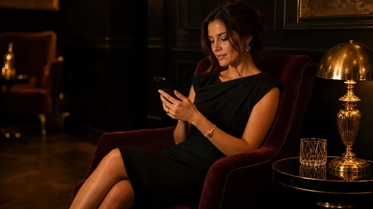 Adult woman privately exploring on a smartphone in a burgundy lounge