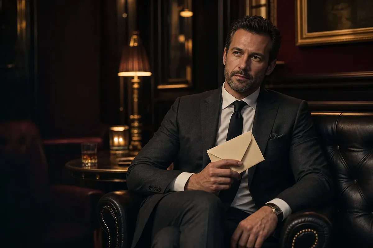 Thoughtful adult man in a tailored suit holding a closed ivory envelope